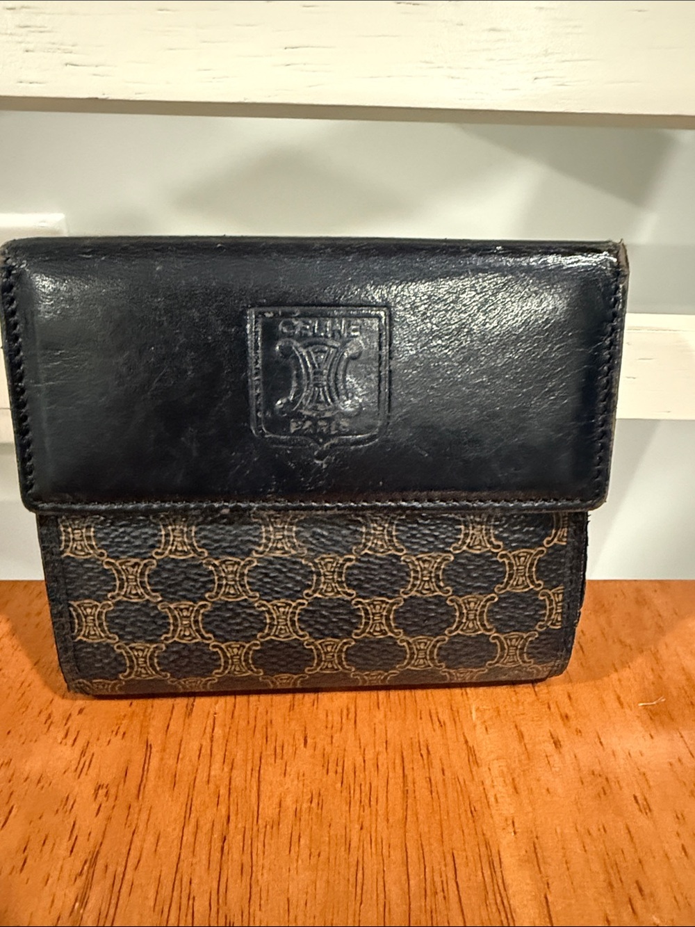 Celine Black and Tan Trifold Logo Wallet